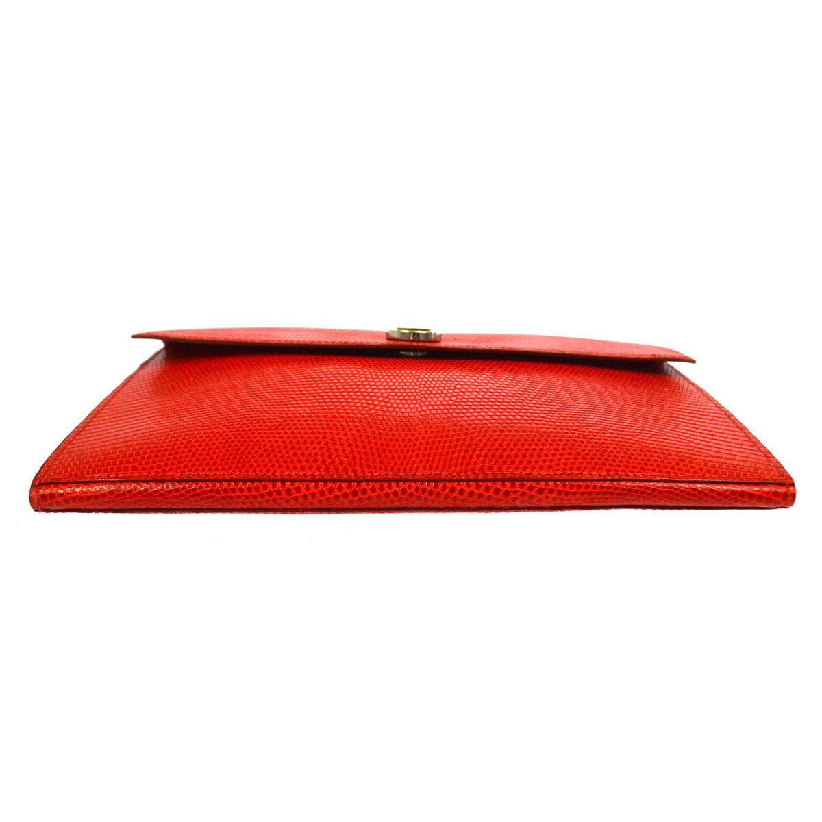 Women's Hermes Red Lizard Exotic Leather Silver Evening Envelope Clutch Flap Bag