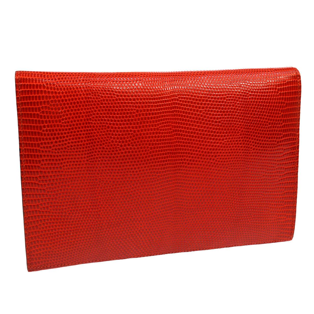 Hermes Red Lizard Exotic Leather Silver Evening Envelope Clutch Flap Bag 1