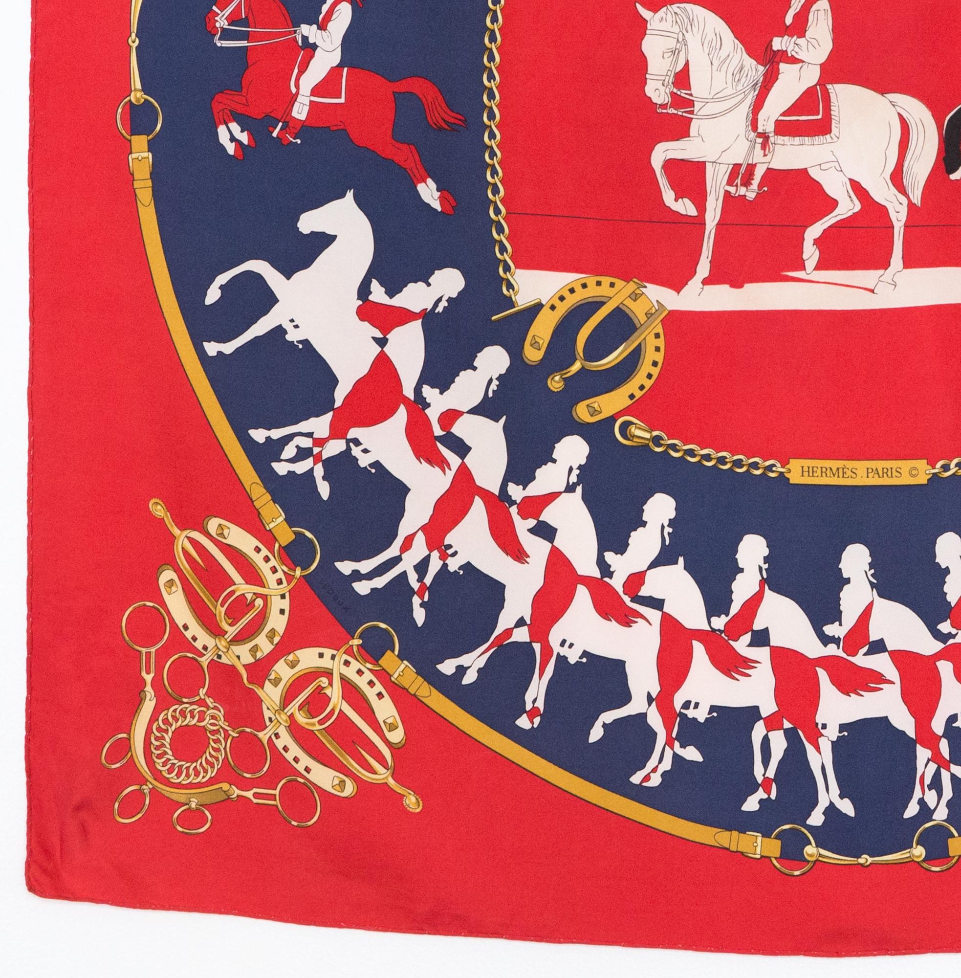 Hermes Red Manege by Philippe Ledoux Silk Scarf In Good Condition In Paris, FR