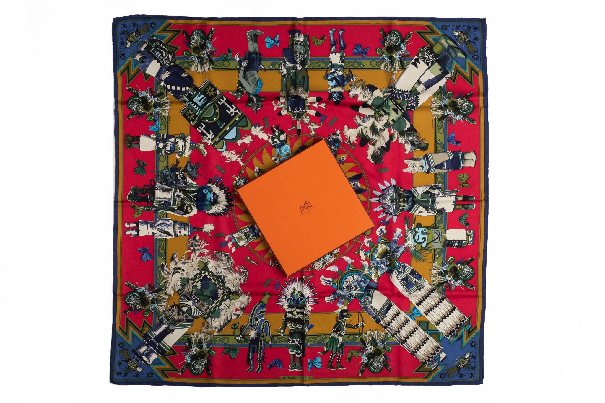 Brown Hermès Red Moutard Kachinas Silk Scarf For Sale