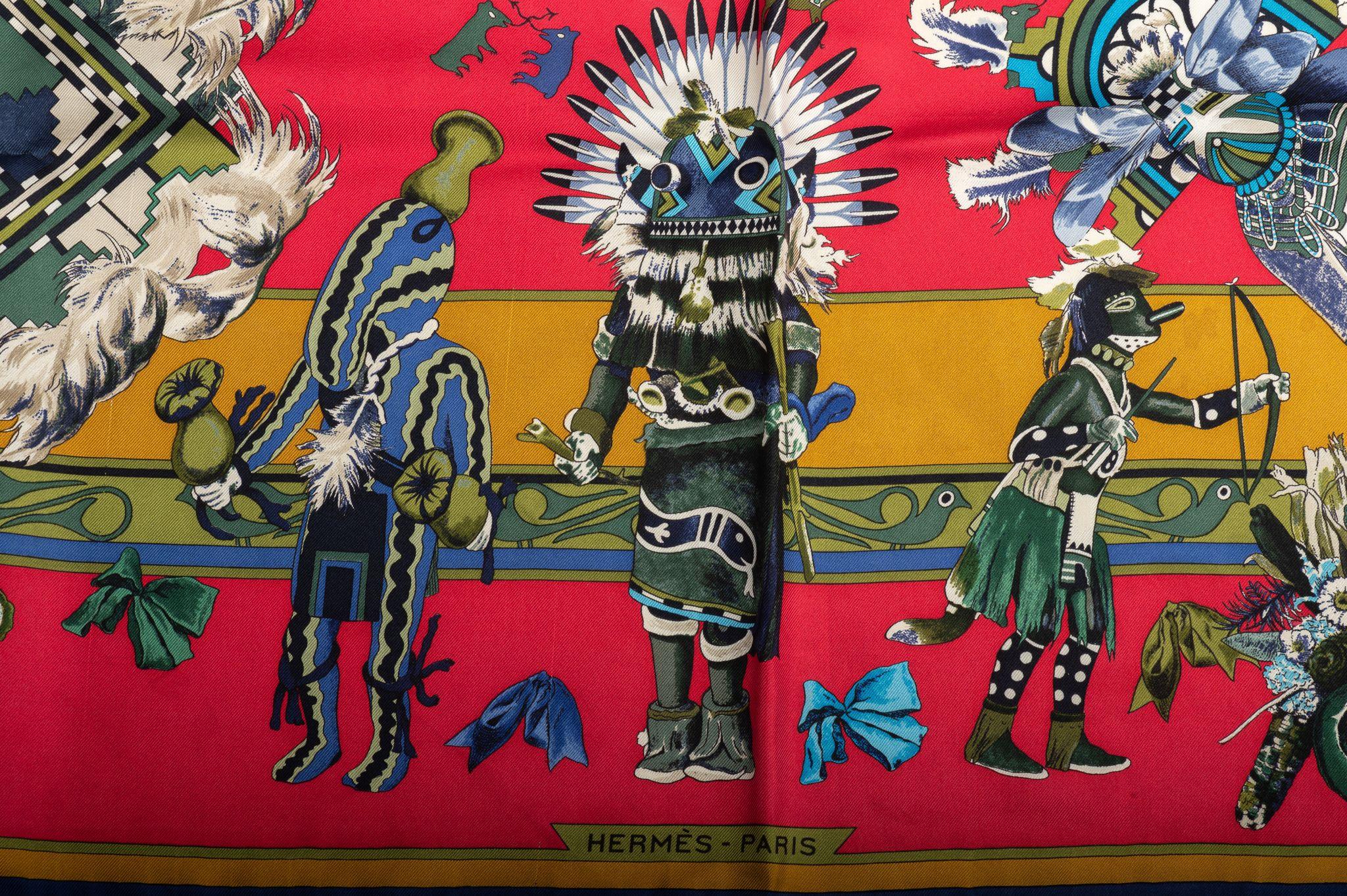 Hermès Red Moutard Kachinas Silk Scarf In Excellent Condition For Sale In West Hollywood, CA