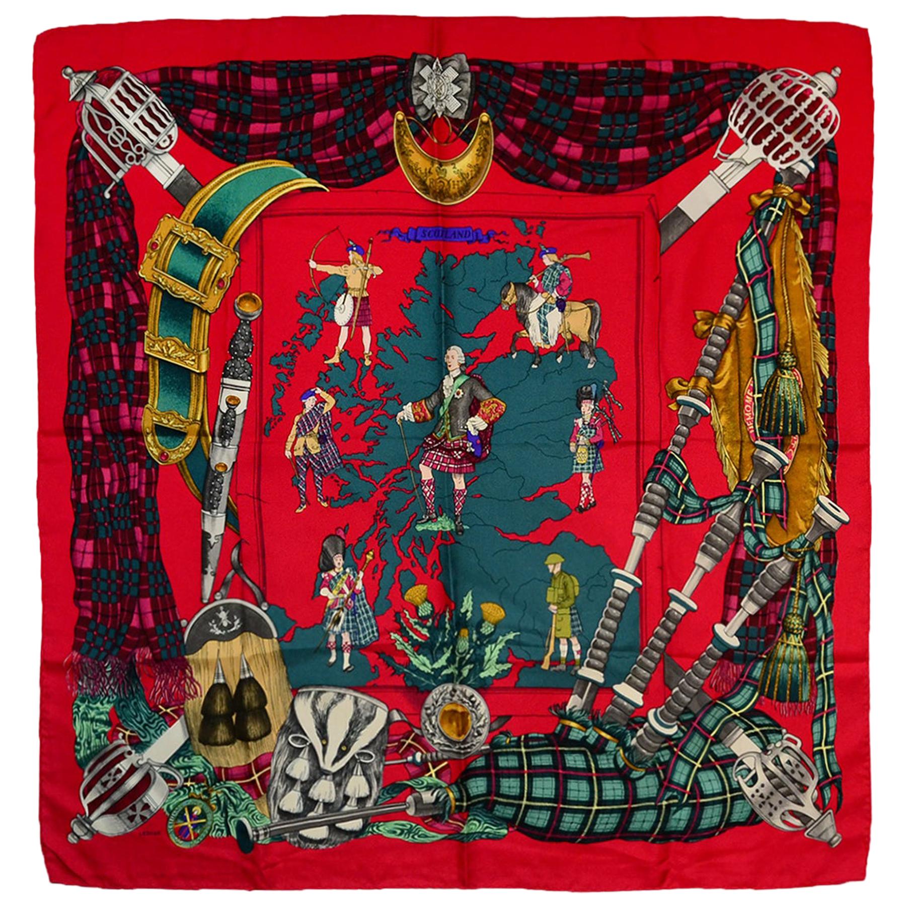 Hermes Red/ Multi-Colored "Scotland" 90cm Silk Scarf