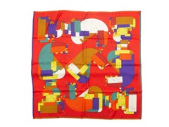 Hermes Red & Multicolor Echec Au Roi Silk Scarf