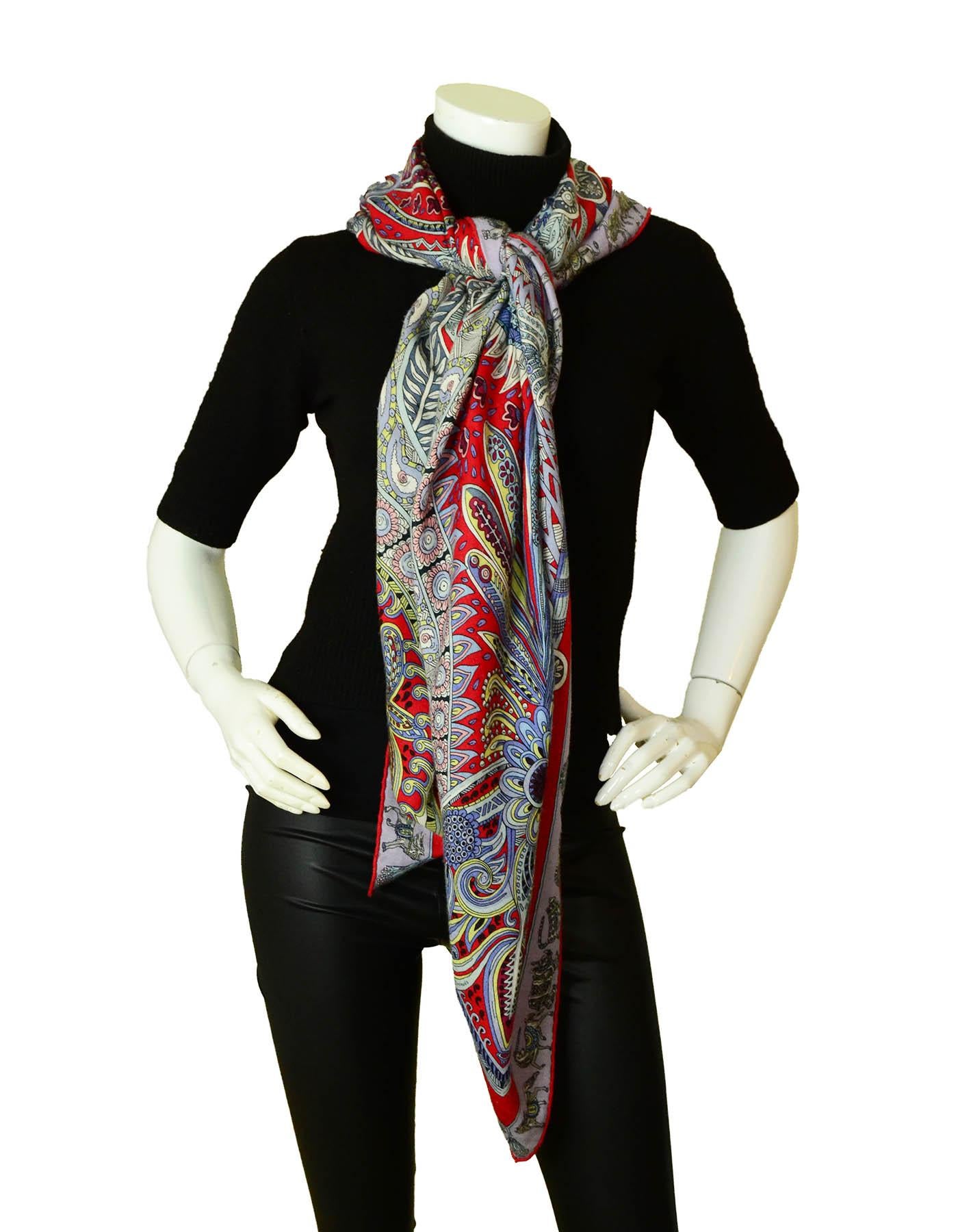 Hermes Red/Lilac/Multicolor Le Jardin de la Maharani Silk & Cashmere 140 Shawl Scarf designed by Annie Faivre

Made In: France
Year of Production: circa 2016 Fall/Winter
Color: Rouge / Lilas / Jaune Soufre
Materials: 70% cashmere, 30% silk
Overall