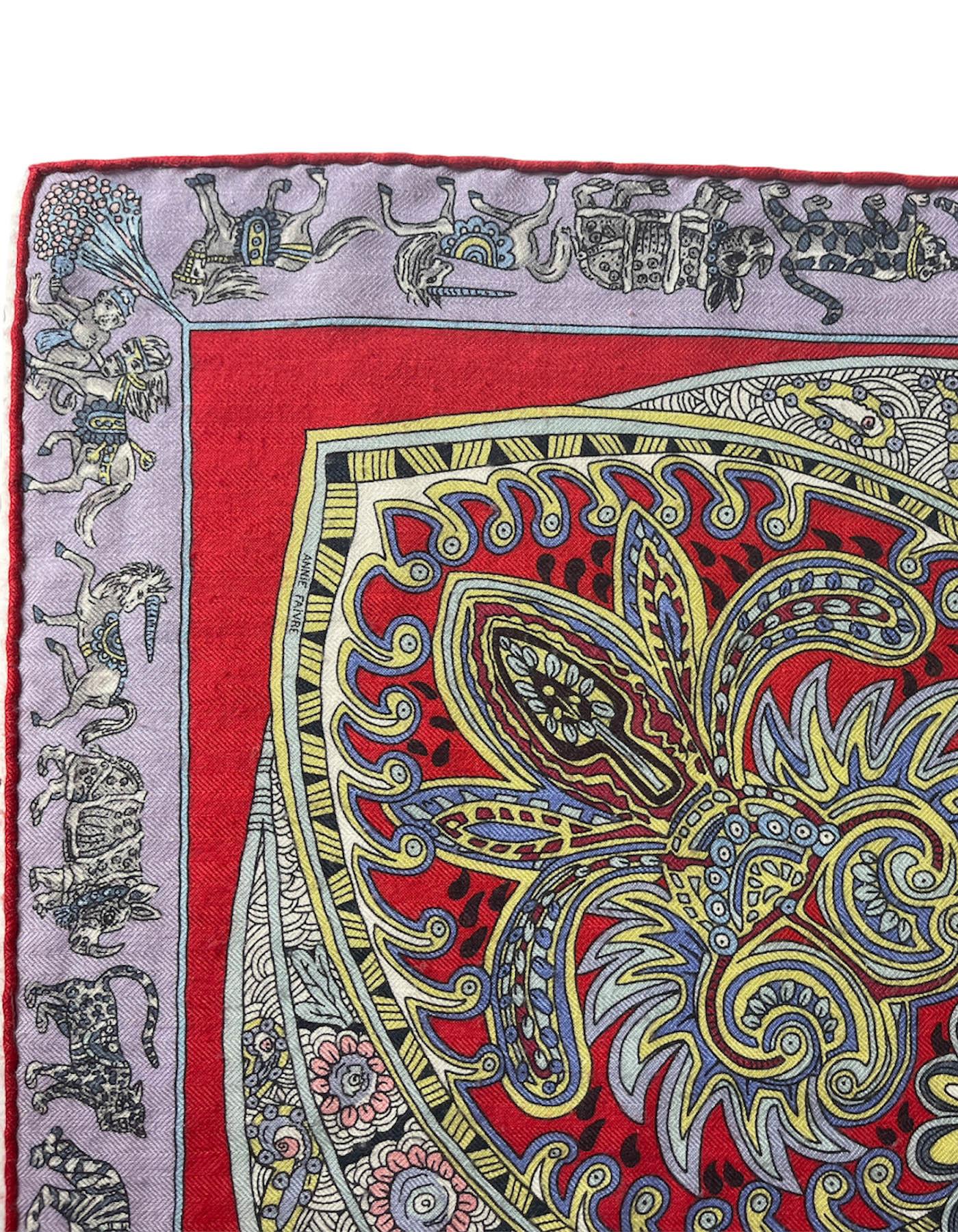 Hermes Red/Multicolor Le Jardin de la Maharani Silk & Cashmere 140 Shawl Scarf 2