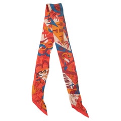 Hermes Red & Multicolor Printed Silk Twilly Scarf