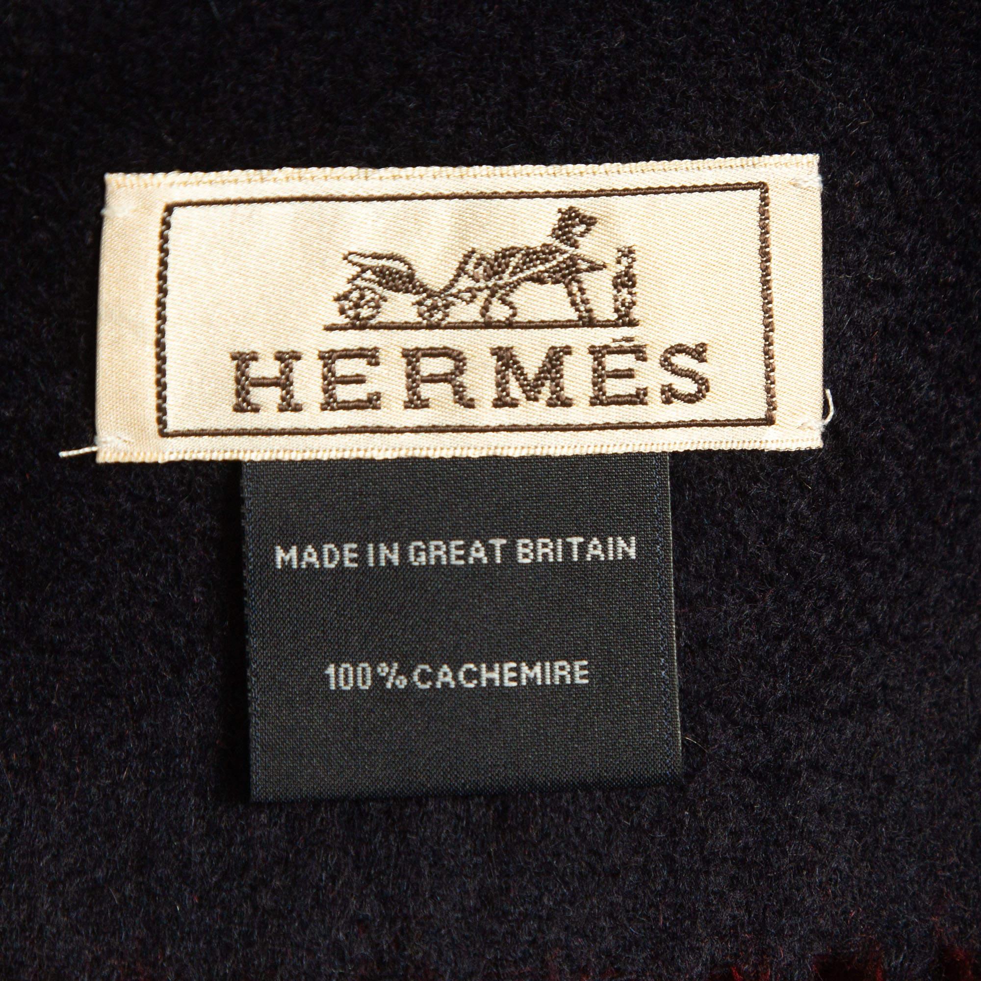 Hermès Rot/Marineblau Kaschmir-Schal mit Fransen Herren im Angebot