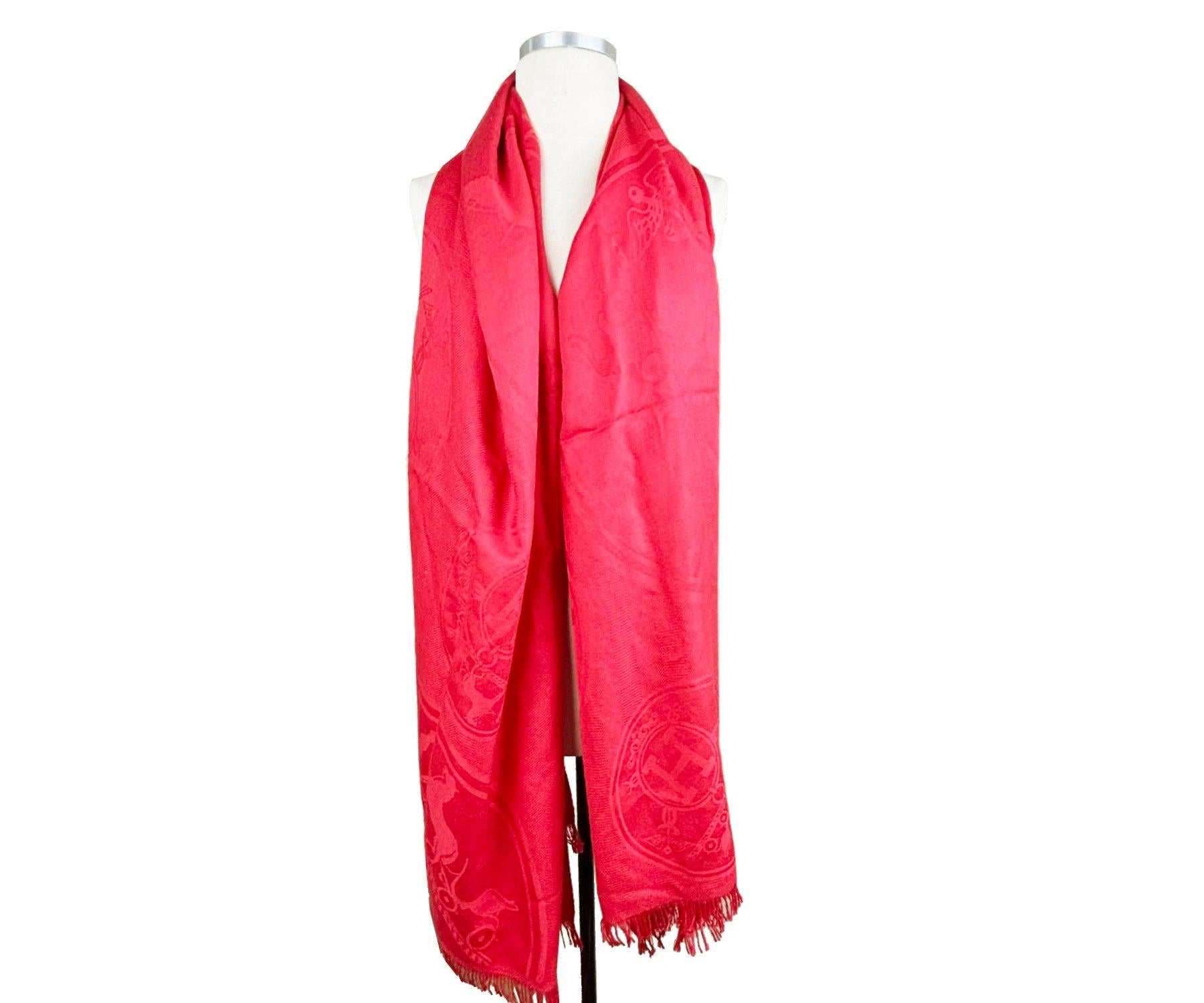 Women's or Men's Hermes Red New Libris Jacquard Cashmere Silk Stole Shawl For Sale