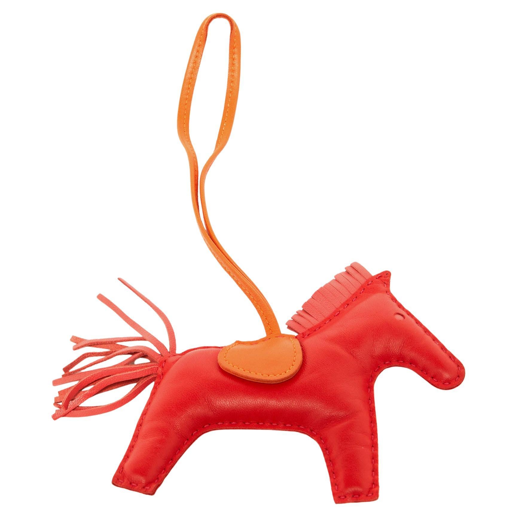 Hermes Red & Orange Leather Rodeo Fringed Bag Charm