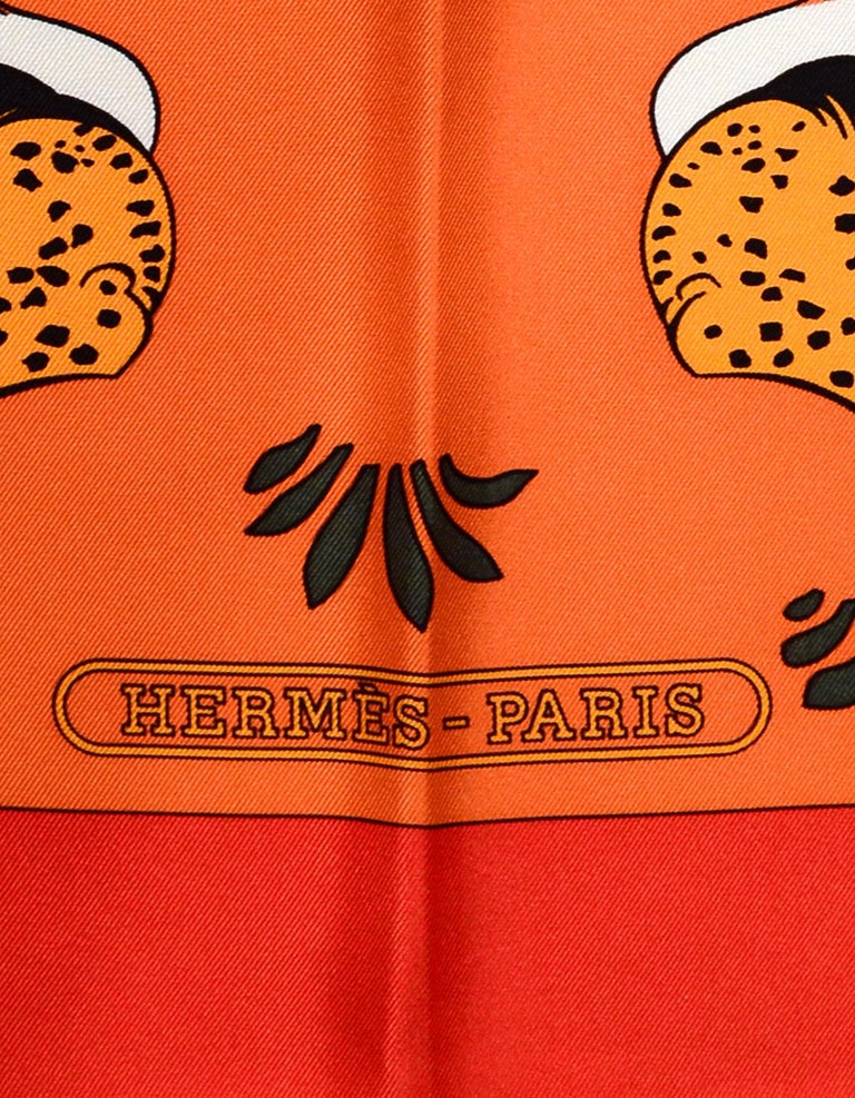 Hermes Red/Orange Les Leopards by Christiane Vauzelles Silk Scarf For ...