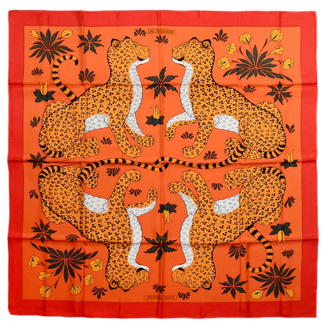 Hermes Red/Orange Les Leopards by Christiane Vauzelles Silk Scarf