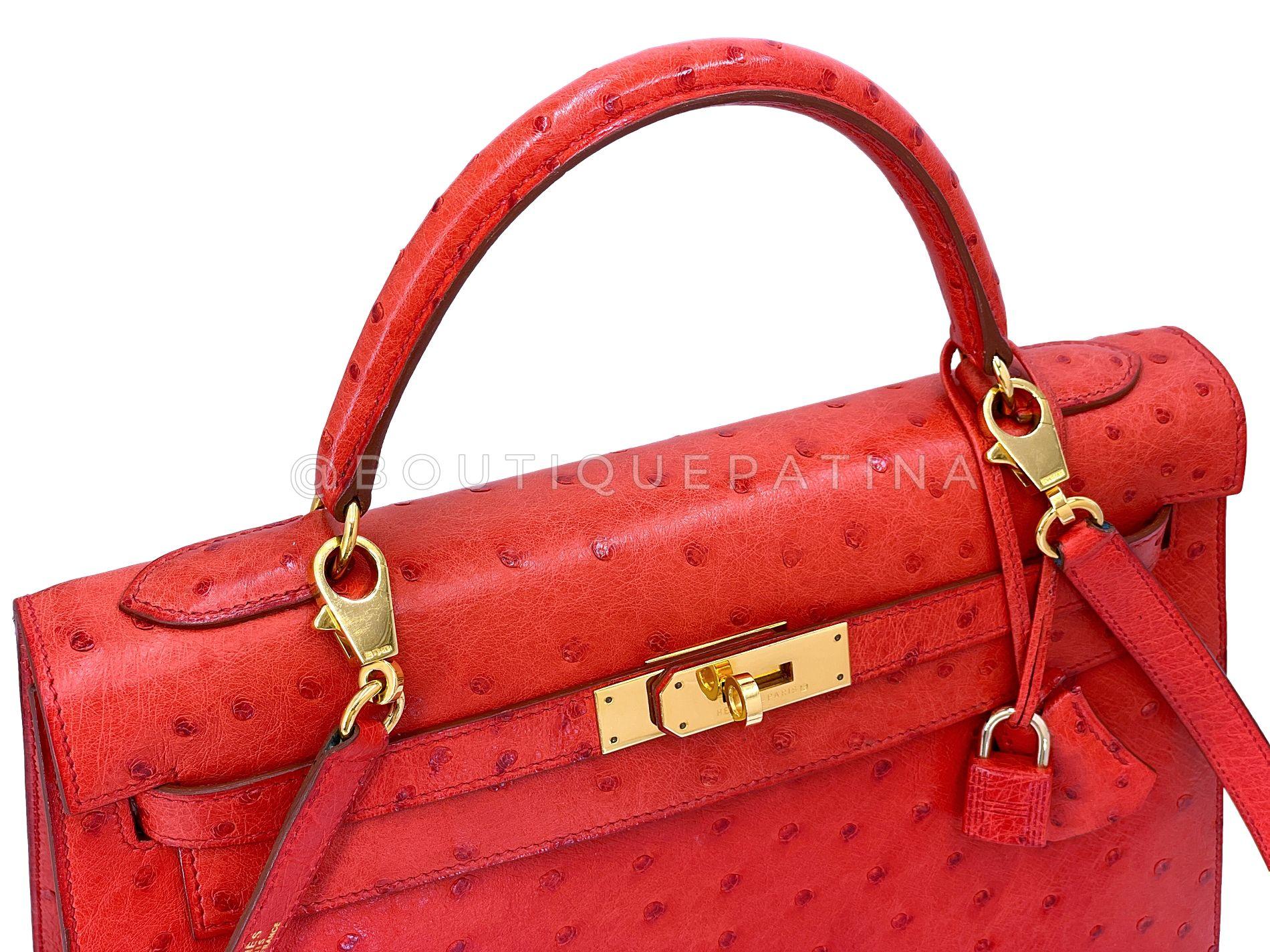 Hermès Borsa Kelly 32cm in struzzo rosso Sellier 24k GHW 68865 in vendita 7