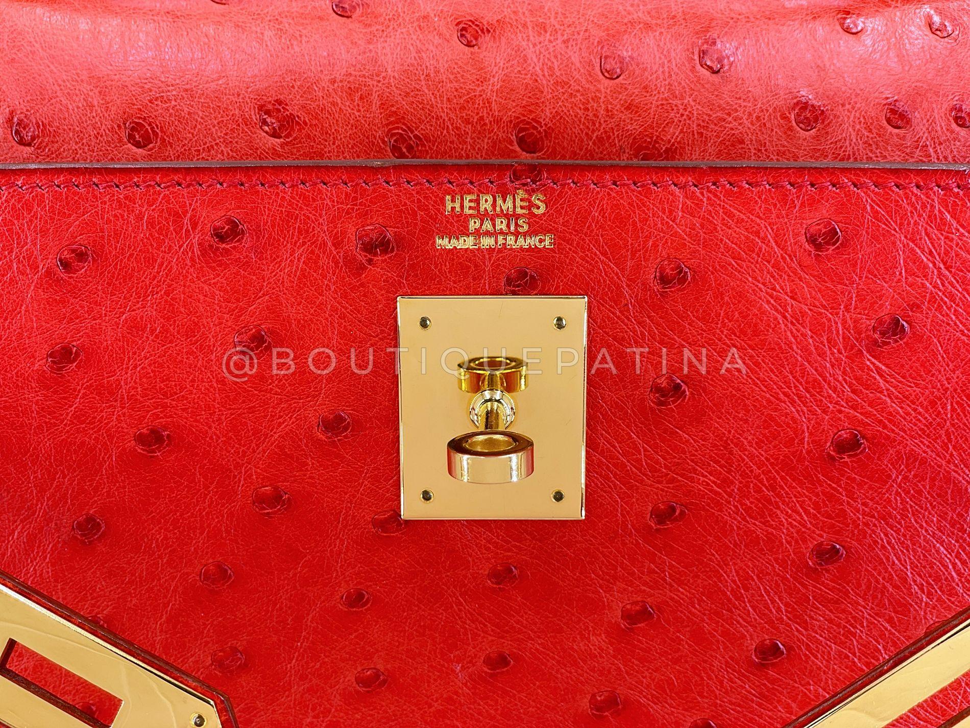 Hermès Borsa Kelly 32cm in struzzo rosso Sellier 24k GHW 68865 in vendita 10