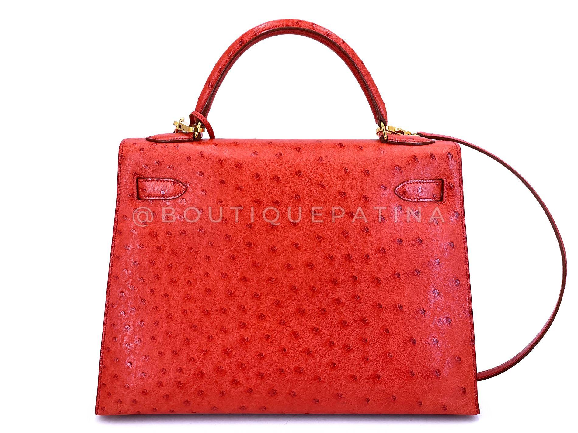 Hermès Borsa Kelly 32cm in struzzo rosso Sellier 24k GHW 68865 In condizioni ottime in vendita a Costa Mesa, CA
