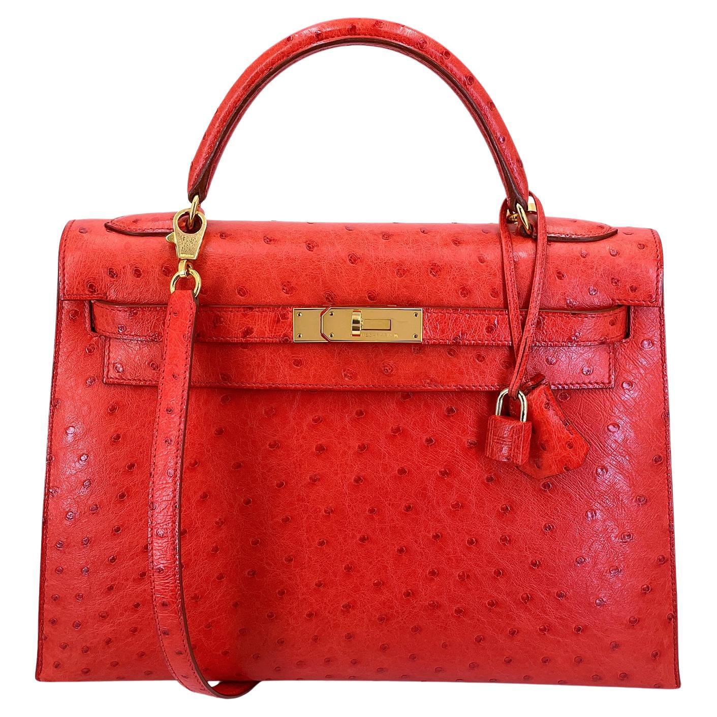 Hermès Rot Strauß 32cm Kelly Tasche Sellier 24k GHW 68865