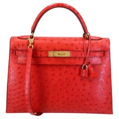 Hermès Red Ostrich 32cm Kelly Bag Sellier 24k GHW 68865