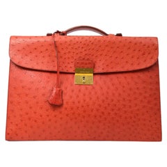 Used Hermes Red Ostrich Exotic Gold Top Handle Satchel Men's Women's Briefcase Bag