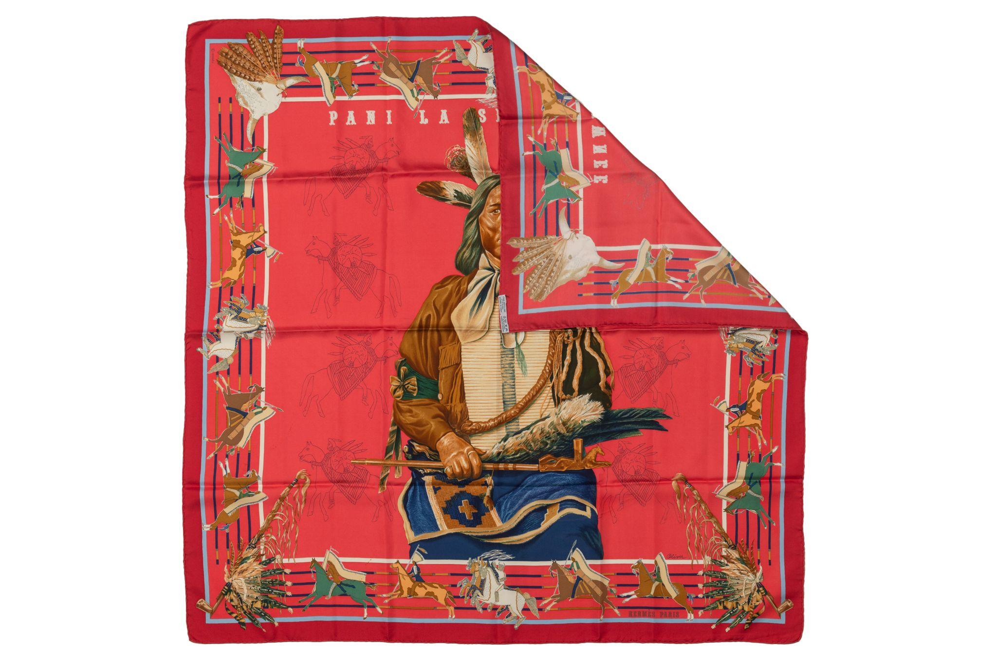 Hermès Pani la shar Pawnee silk twill scarf issued originally in 1984. The most famous of Texas native, Kermit Oliver's prints. Hand-rolled edges.
No box, tiny stains.