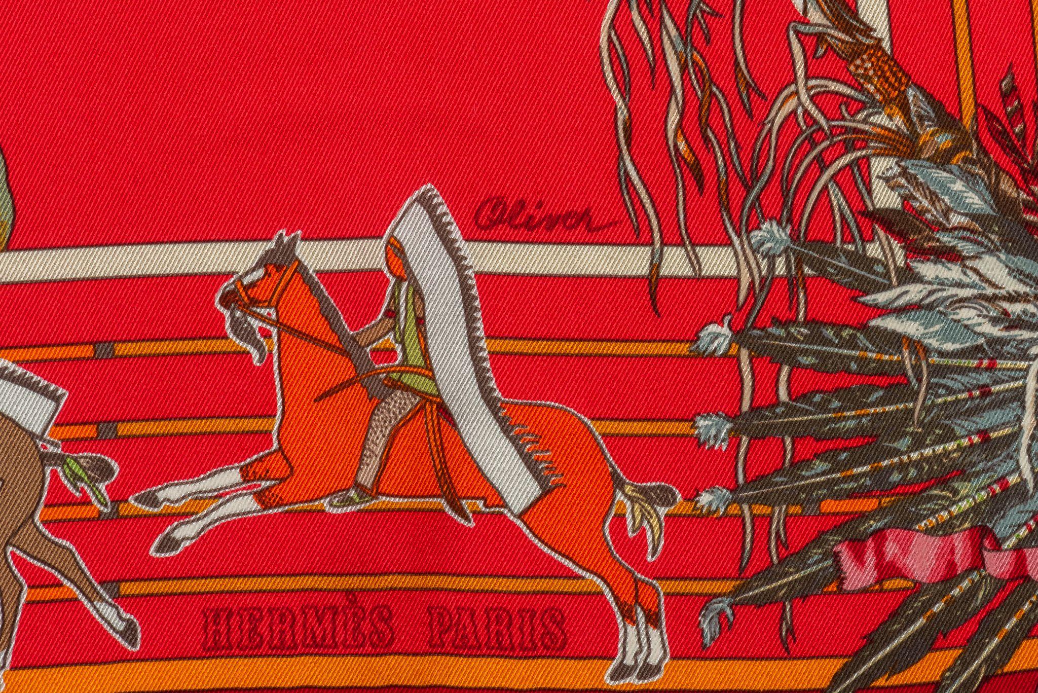 Hermes Red Pani La Shar Pawnee Scarf In Good Condition For Sale In West Hollywood, CA