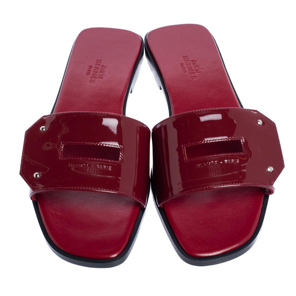 Black Hermes Red Patent Leather View Slide Sandals Size 37.5