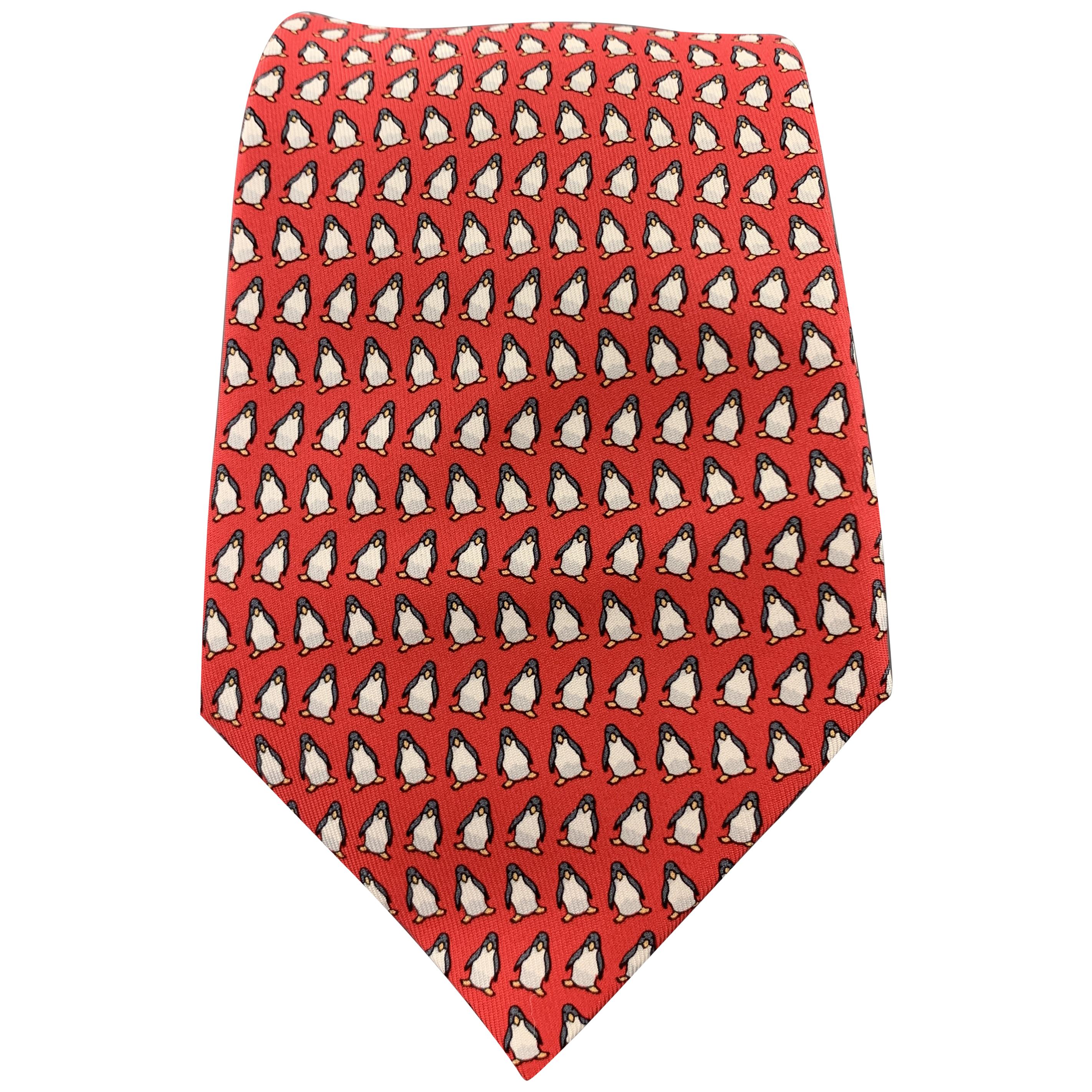 HERMES Red Penguin Print Silk Tie