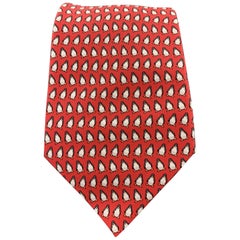 HERMES Red Penguin Print Silk Tie