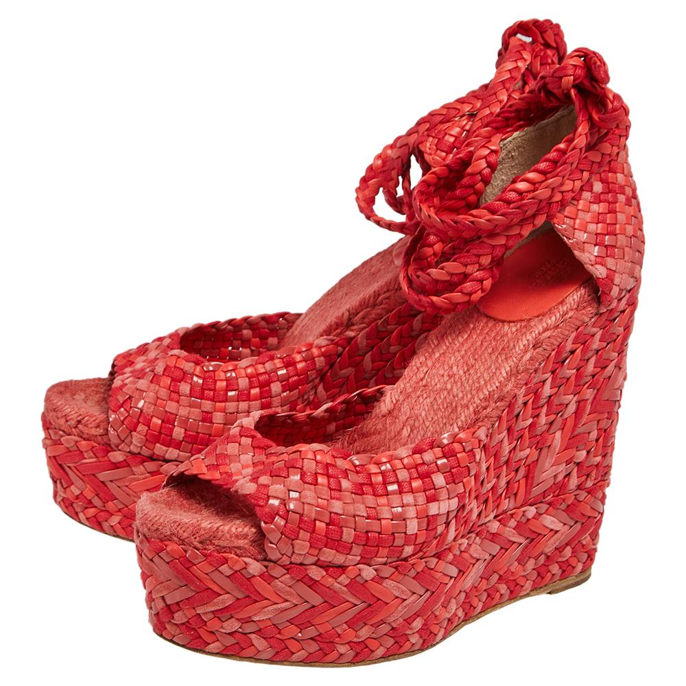 Women's Hermes Red/Pink Leather And Suede Epice Tresse Espadrille Wedge Sandals Size 39