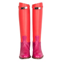 HERMES red & pink leather LTD ED JUMPING Knee High Flat Boots Shoes 38
