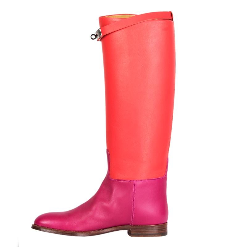 HERMES LTD ED JUMPING Kniehohe flache Stiefel aus rotem und rosa Leder 38 (Rot) im Angebot