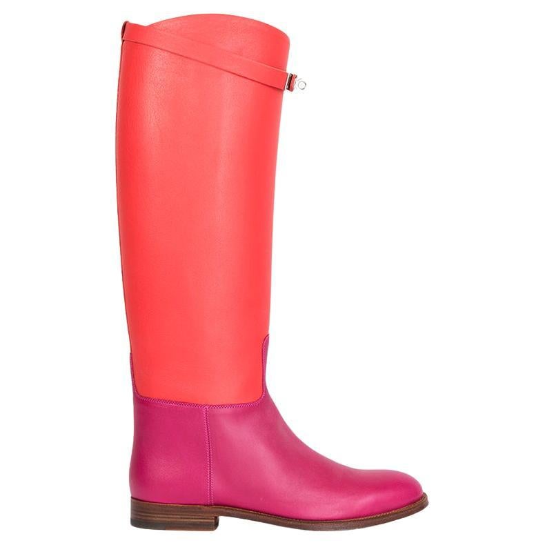 HERMES red & pink leather LTD ED JUMPING Knee High Flat Boots Shoes 38 For Sale