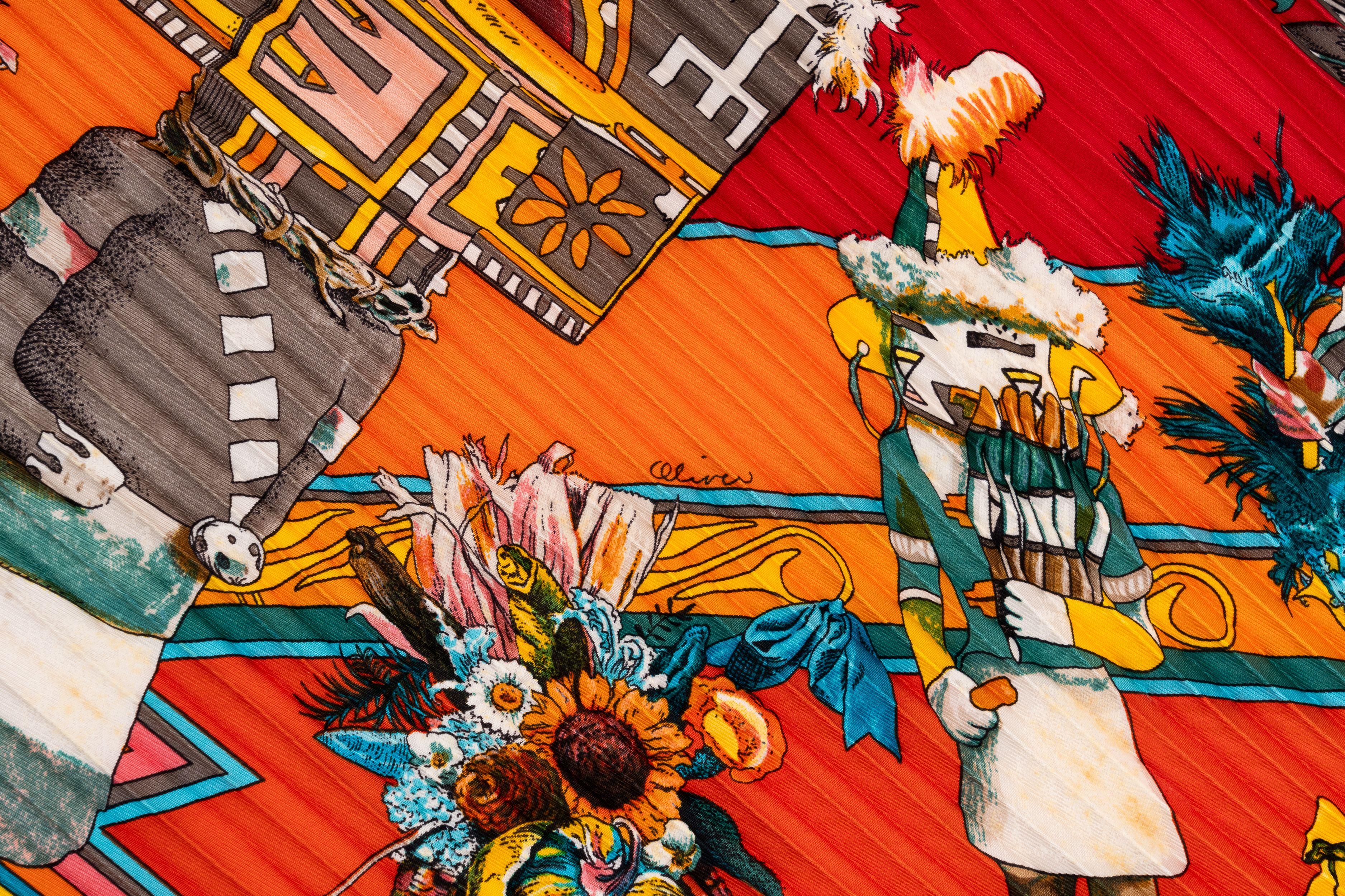 Brown Hermès Red Pleated Oliver Kachinas Scarf For Sale