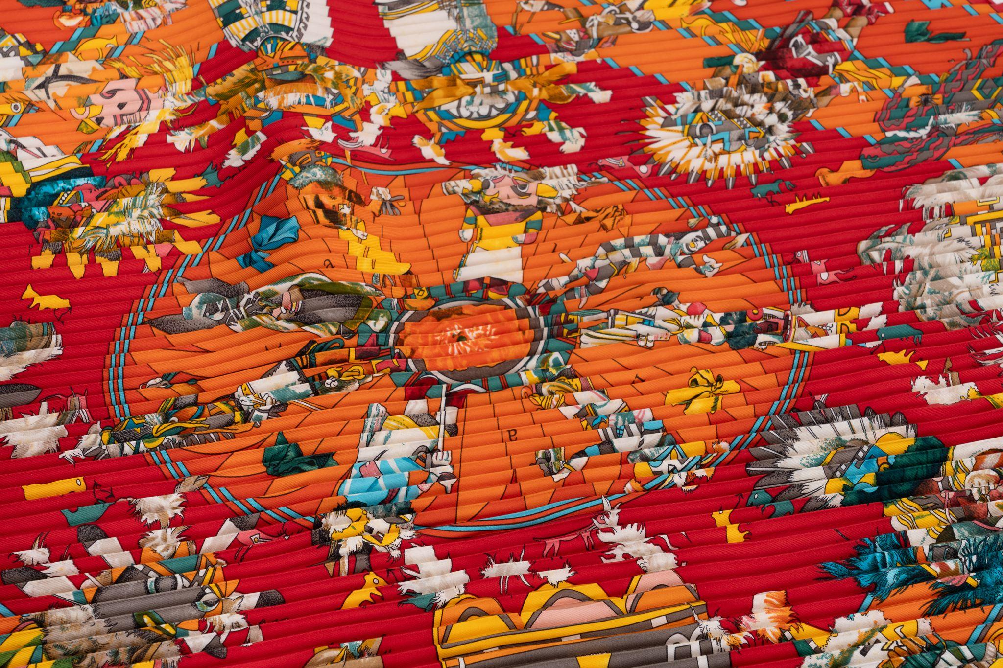 Hermès Red Pleated Oliver Kachinas Scarf In Excellent Condition For Sale In West Hollywood, CA