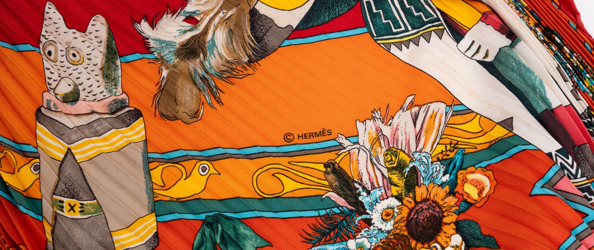Women's or Men's Hermès Red Pleated Oliver Kachinas Scarf For Sale