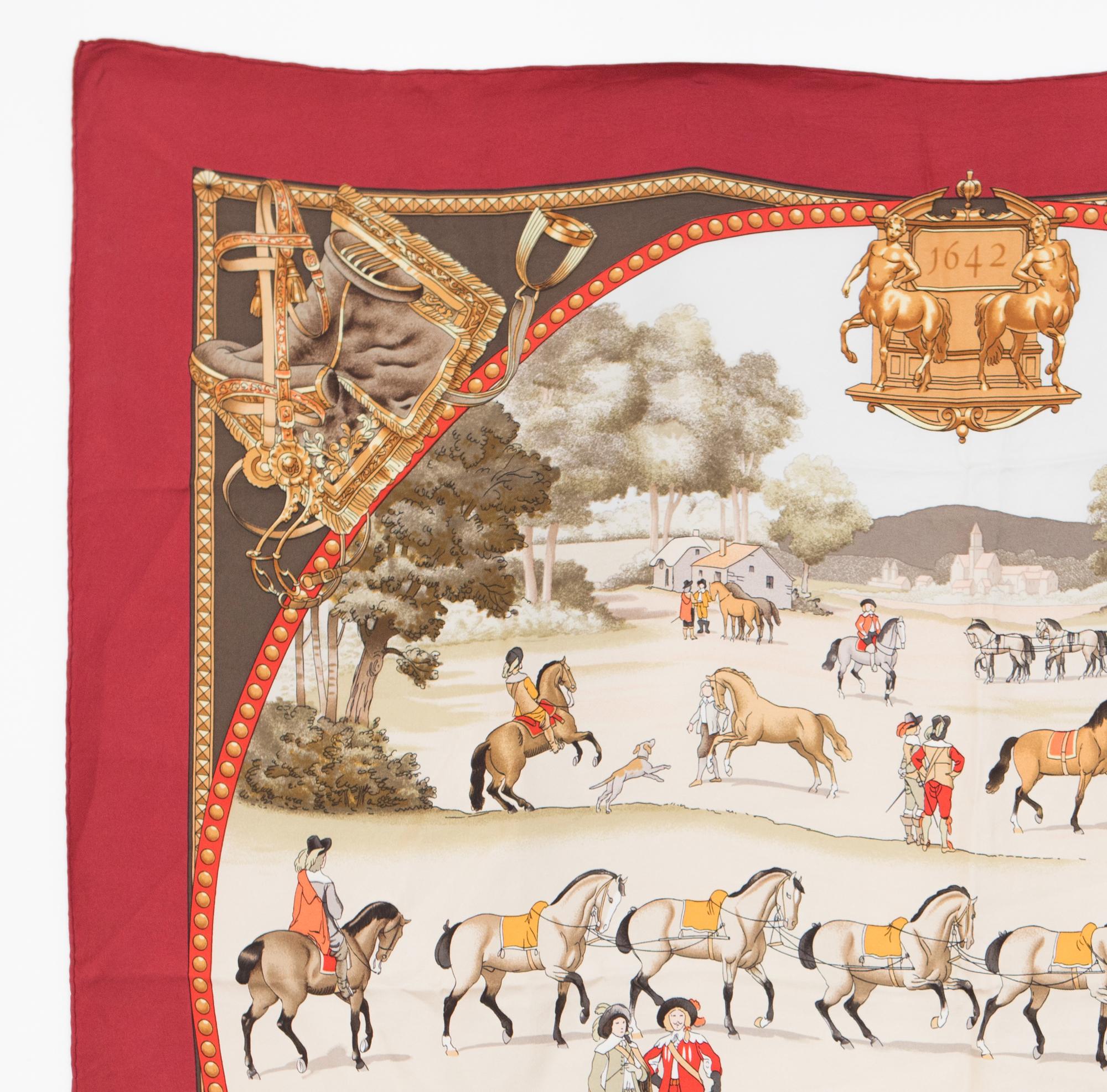 Red Hermes silk scarf  Presentation de Chevaux by Ledoux featuring a red border.  
In good vintage condition. Made in France.
35 in. (89 cm) X 35 in. (89 cm)
We guarantee you will receive this  iconic item as described and showed on photos.
(please