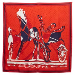 Foulard carré en soie Caleche Elastique imprimé rouge Hermes