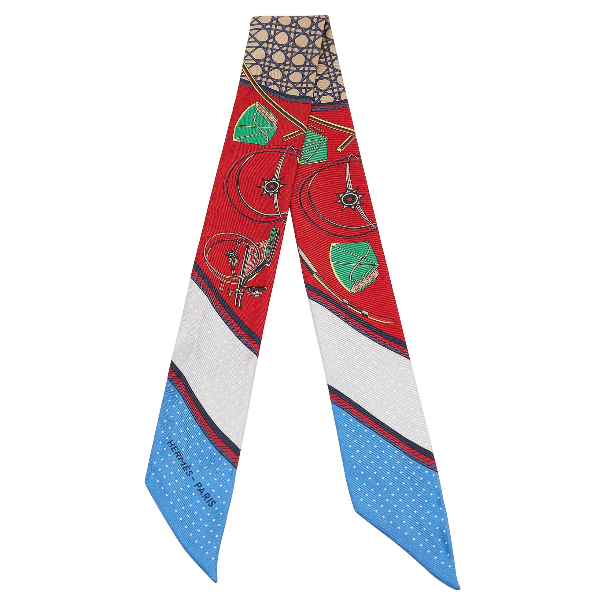 Hermes Red Printed Silk Les Voitures A Transformation Twilly