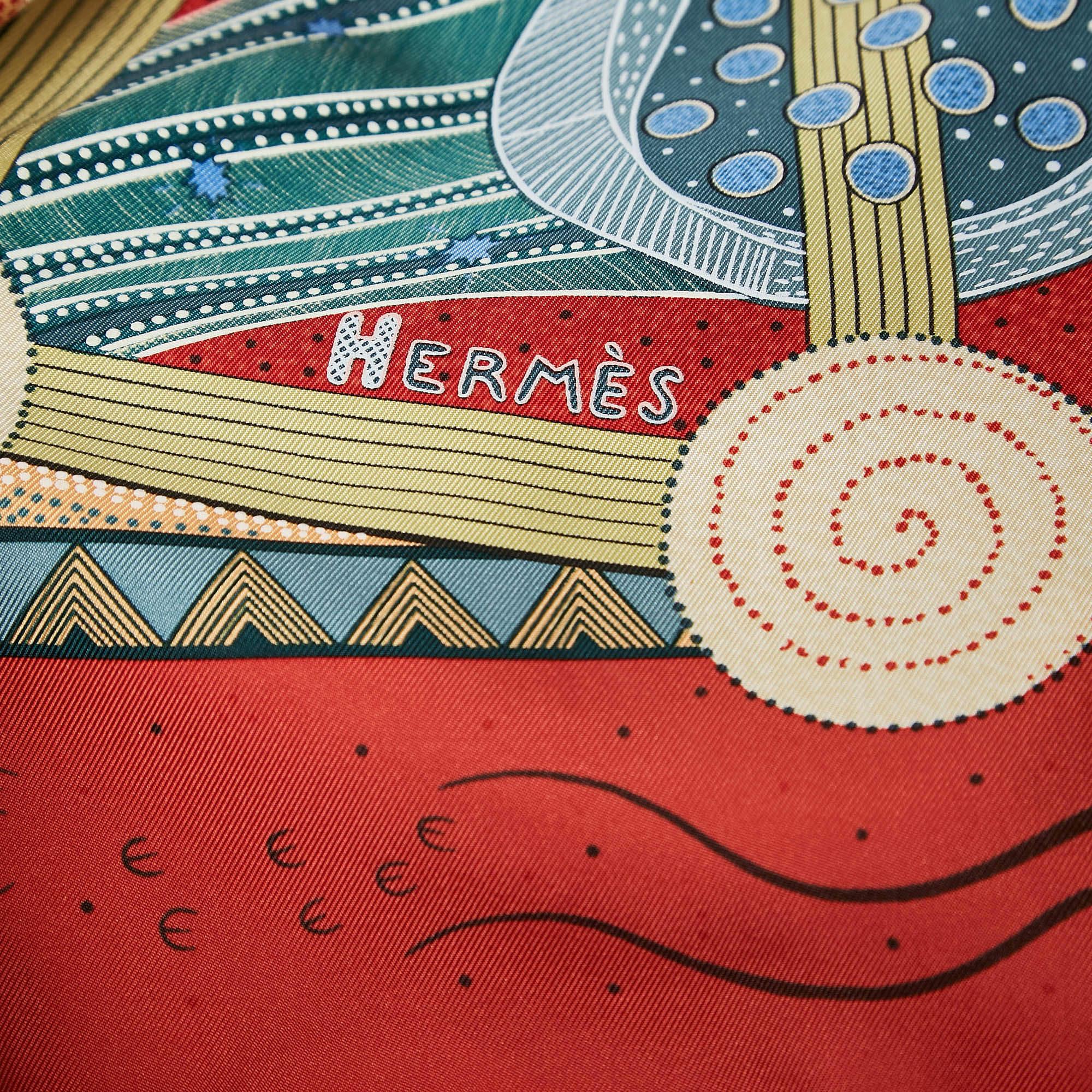 Beige Hermès Red Printed Silk  Reve d'Australie Square Scarf