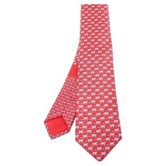 Hermès Red Roller Dog Printed Silk Slim Tie