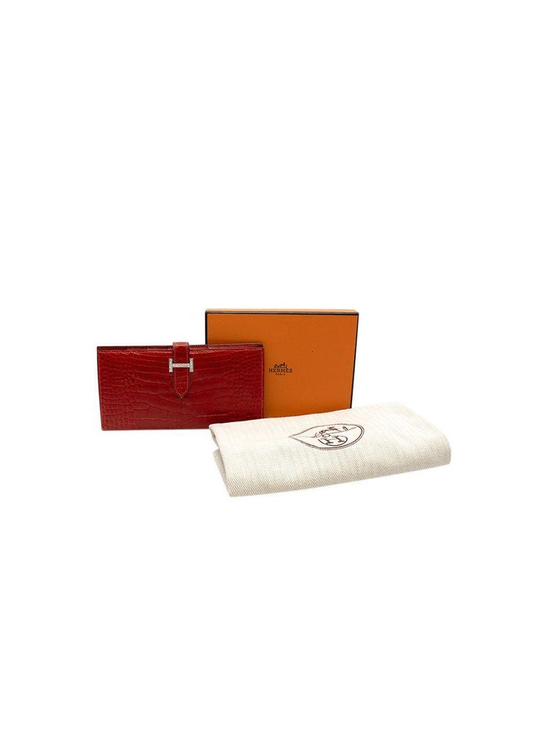 Hermes Red Shiny Crocodile Bearn Wallet gold and diamond hardware For ...