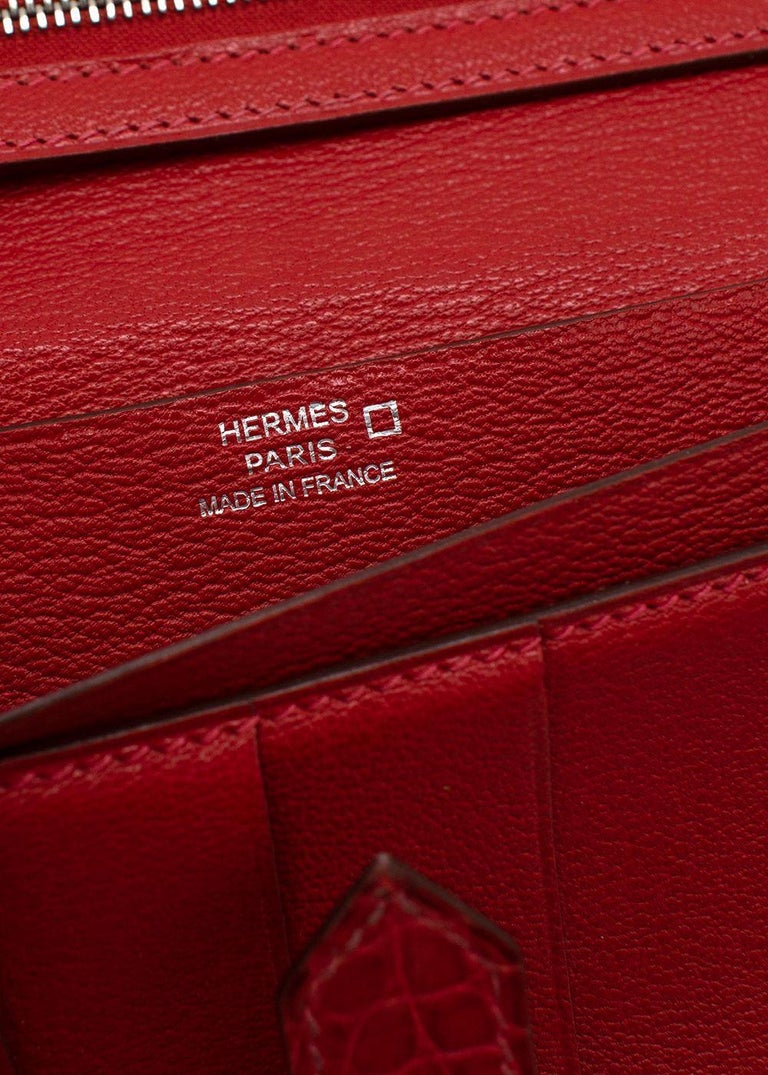 Hermes Red Shiny Crocodile Bearn Wallet gold and diamond hardware For Sale  at 1stDibs