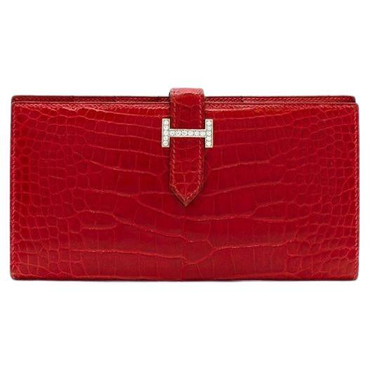 Hermes Red Shiny Crocodile Bearn Wallet gold and diamond hardware For Sale