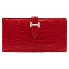 Hermes Red Shiny Crocodile Bearn Wallet gold and diamond hardware