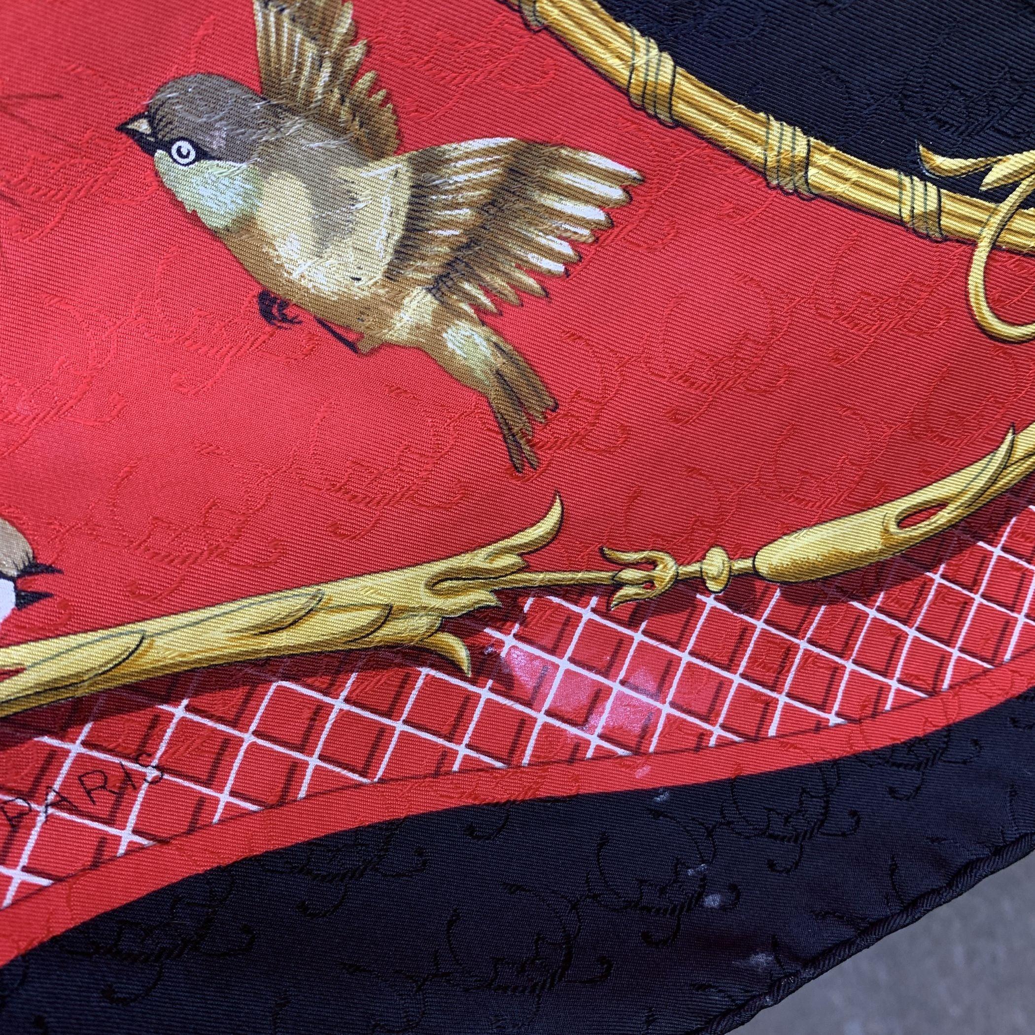 Hermes Red Silk Jacquard Scarf La Cle Des Champs 1965 Faconnet 1