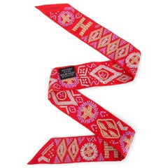 HERMES red silk KELLY EN PERLE Twilly Scarf Vermillon Parme Beige