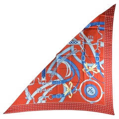 Foulard d'Origny en soie rouge La Promenade du Matin à triangle géant Hermès
