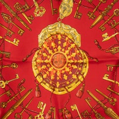 HERMES red silk LES CLES 45 TWILL POCKET SQUARE Scarf