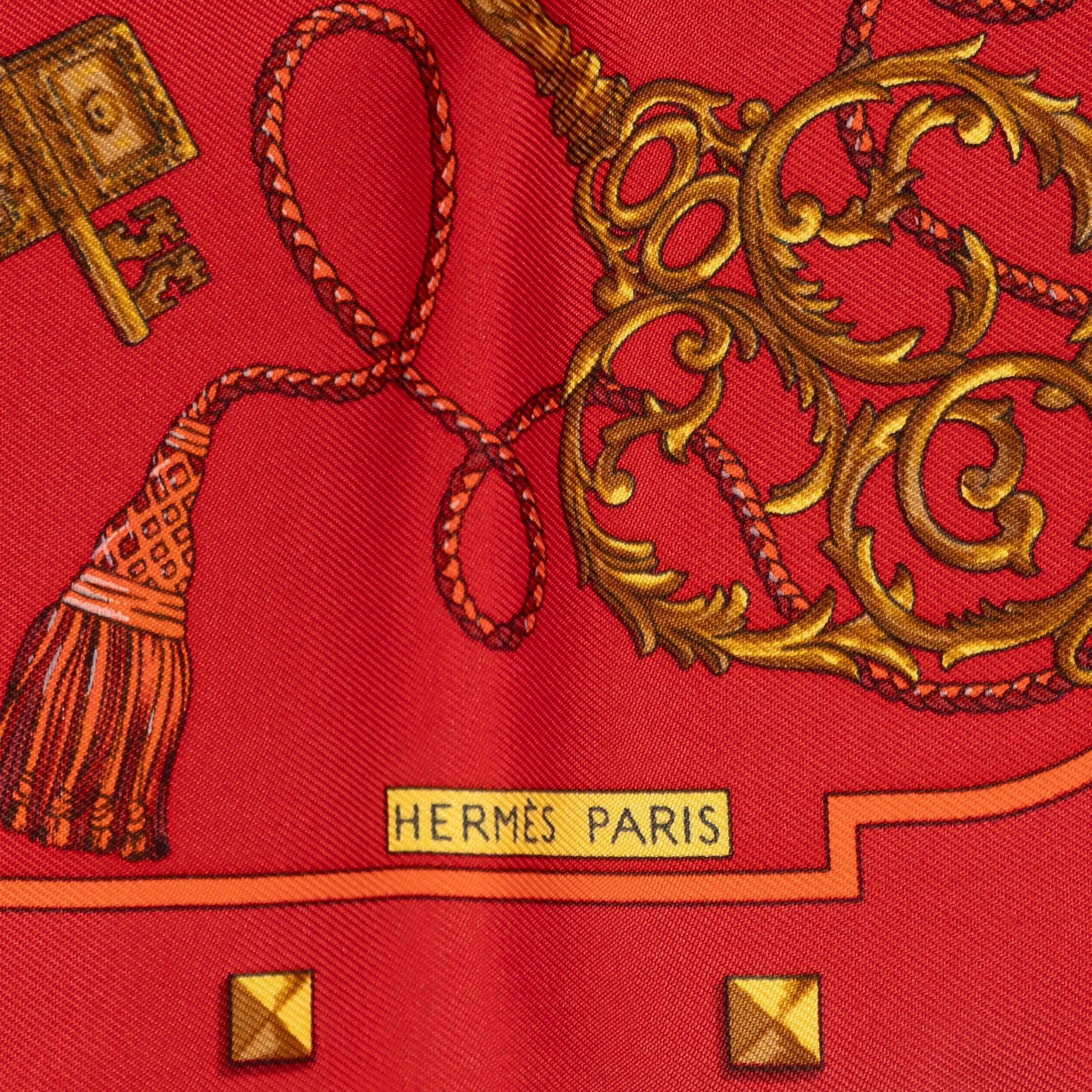 Red HERMES red silk LES CLES 45 TWILL POCKET SQUARE Scarf