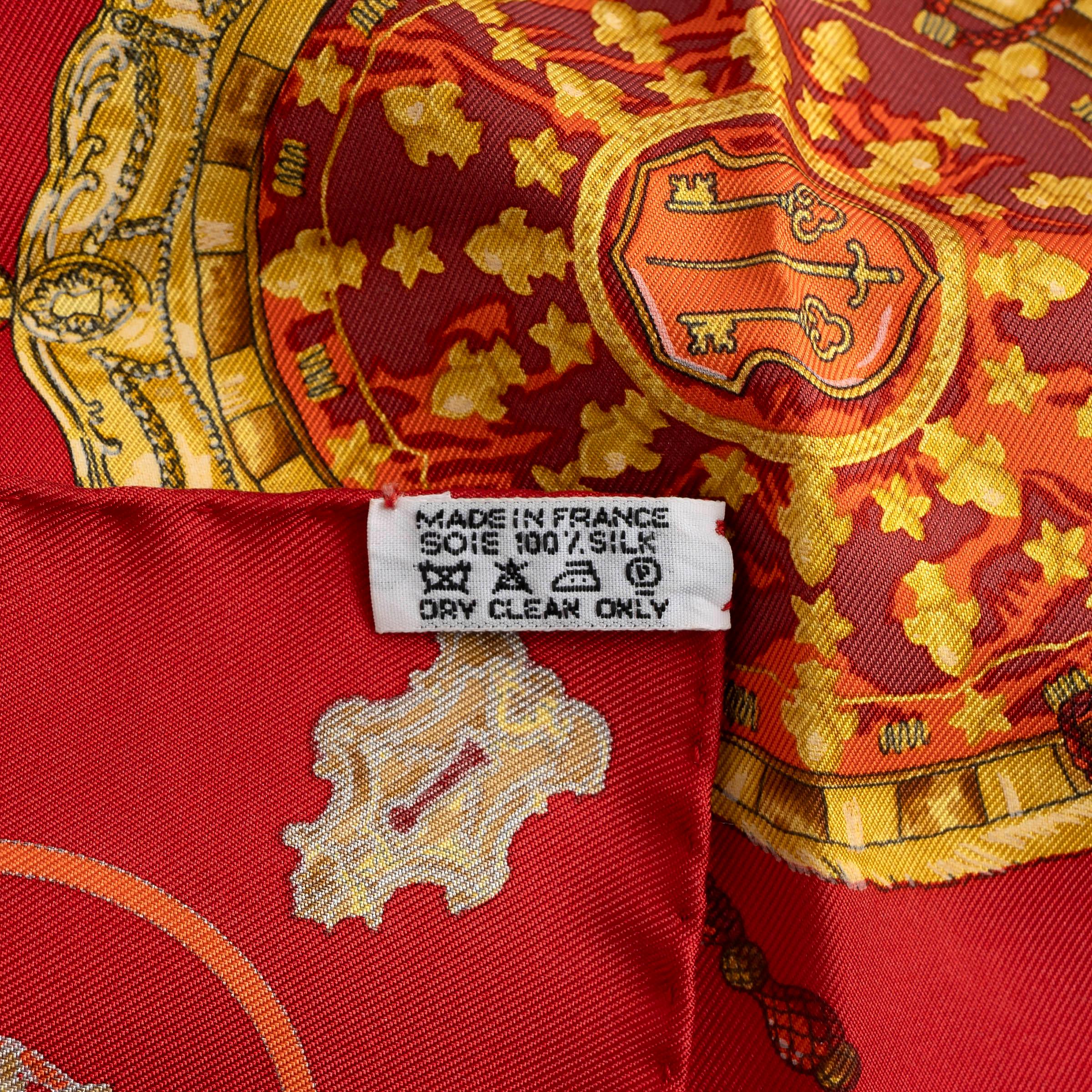 Women's or Men's HERMES red silk LES CLES 45 TWILL POCKET SQUARE Scarf