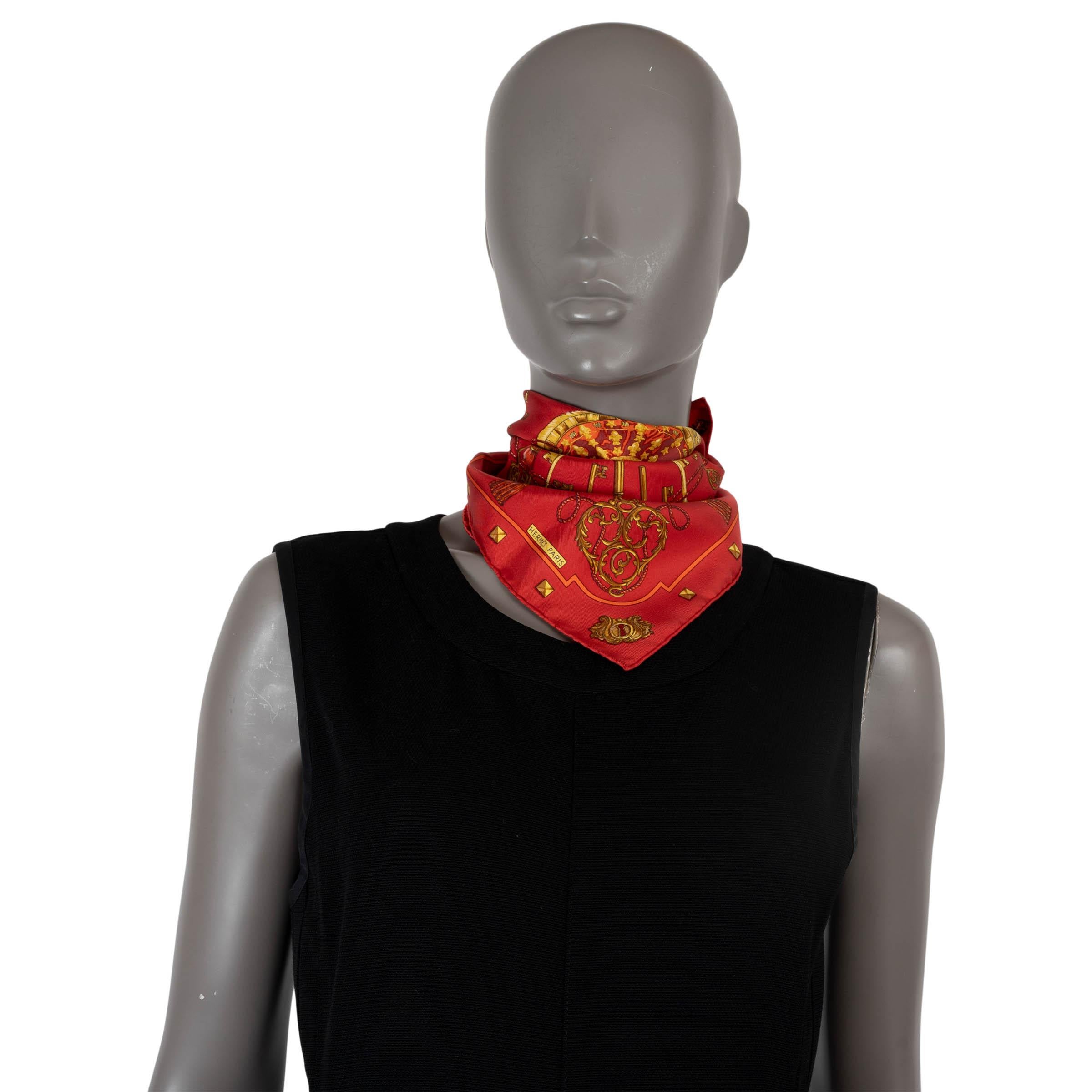 HERMES red silk LES CLES 45 TWILL POCKET SQUARE Scarf 1