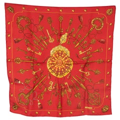 HERMES red silk LES CLES 45 TWILL POCKET SQUARE Scarf